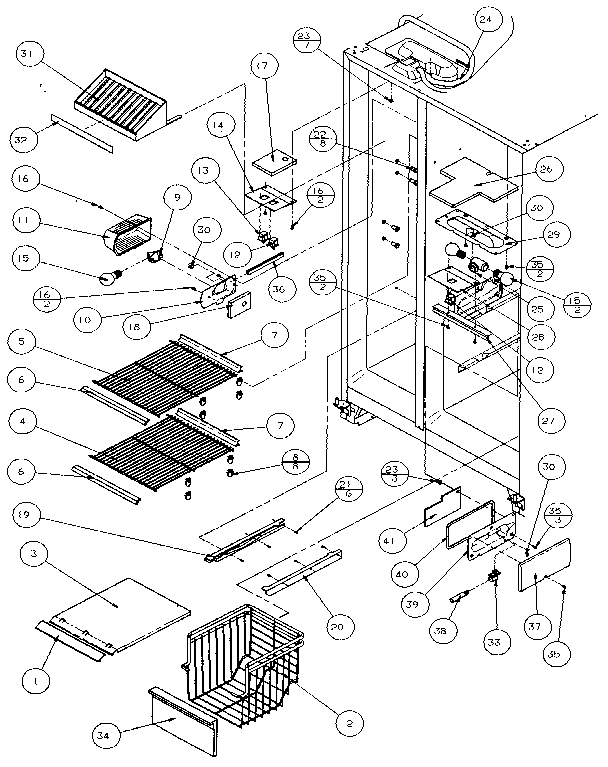 Freezer Shelving & Refrigerator Light Diagram and Parts List for 36541-P1121702W  Amana Refrigerator