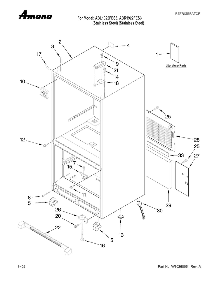 Cabinet Parts Diagram and Parts List for ABL1922FES3  Amana Refrigerator