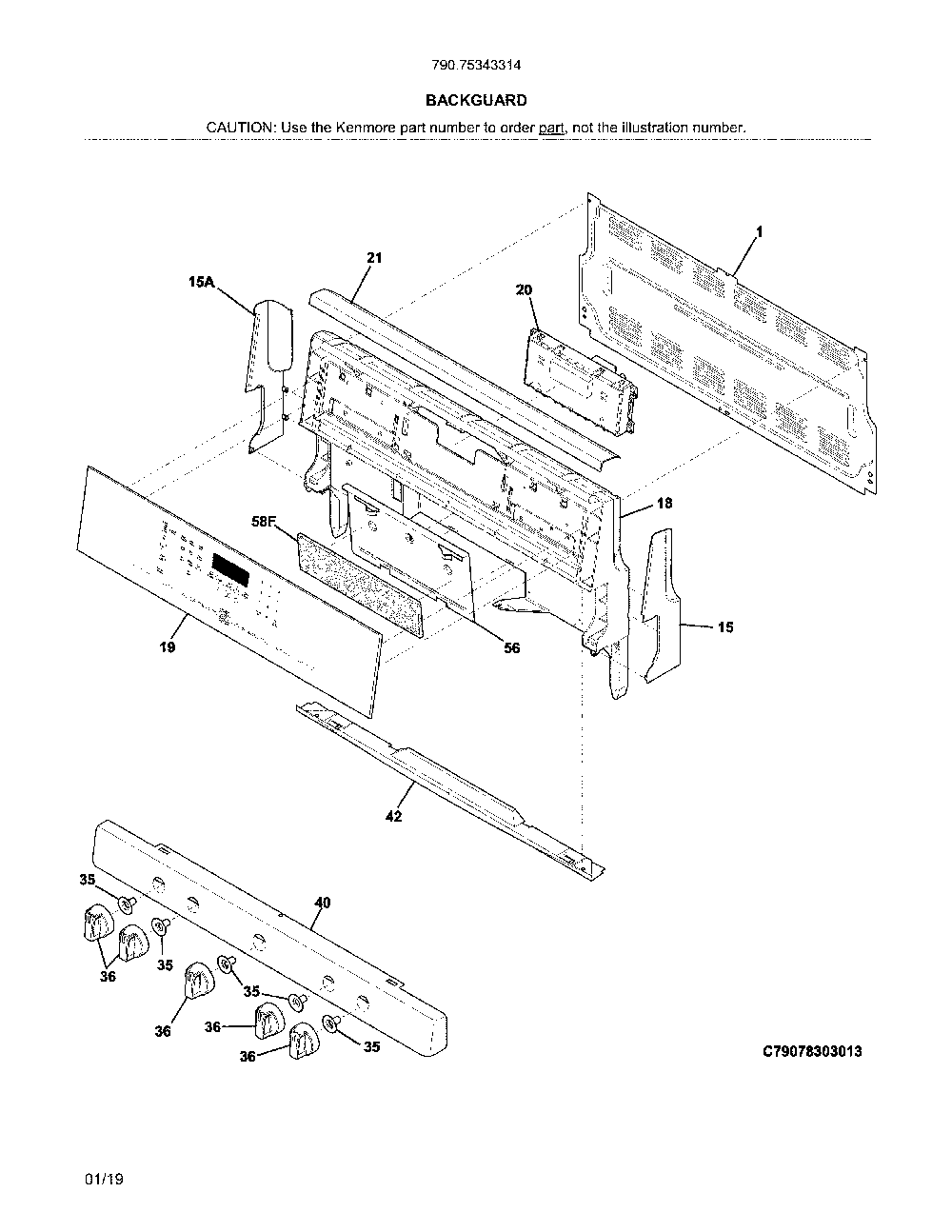Backguard Diagram and Parts List for 79075343314  Kenmore Range