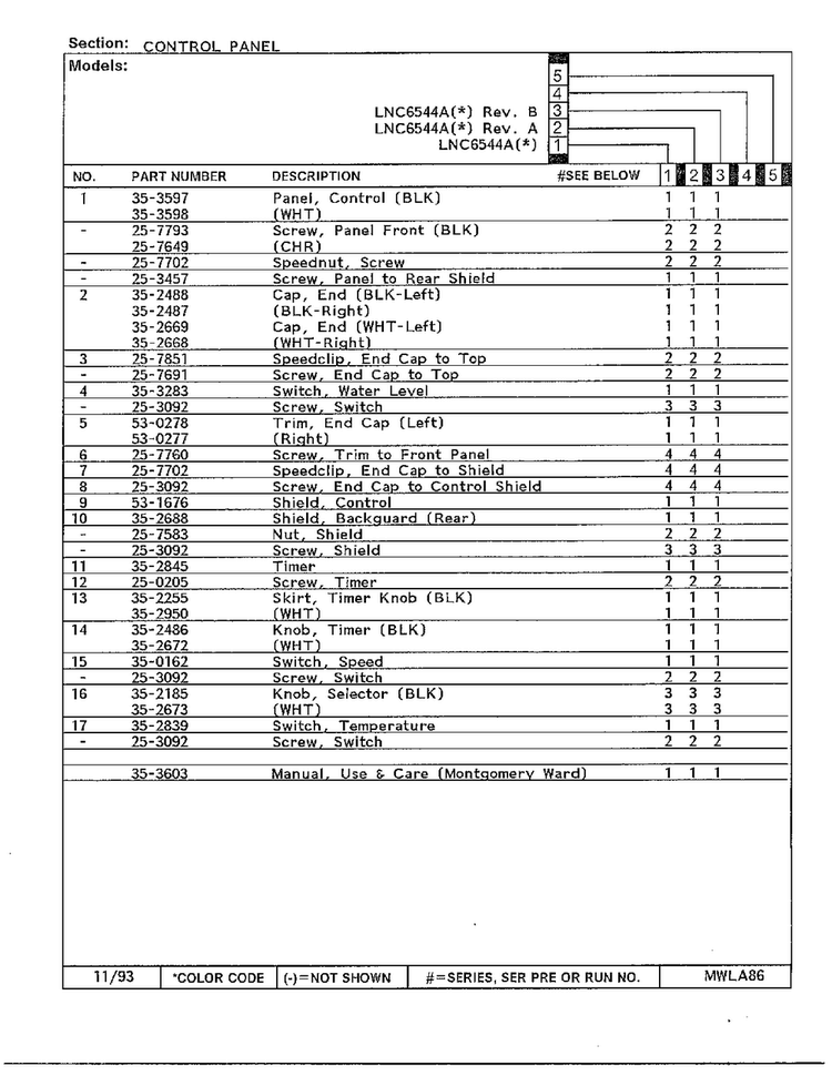 Control Panel Page 2 Diagram and Parts List for 6544A  Norge Washer