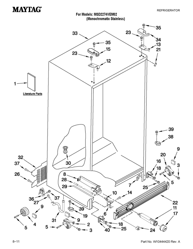 Cabinet Parts Diagram and Parts List for MSD2274VEM02  Maytag Refrigerator