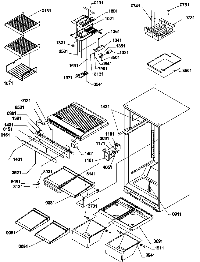 Interior Cabinet And Drain Block Assembly Diagram and Parts List for TR525SL-P1182804WL  Amana Refrigerator