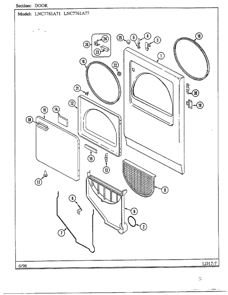 Door Diagram and Parts List for 7761A-71  Norge Dryer