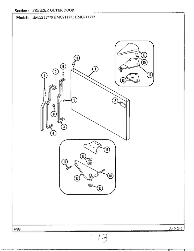 Freezer Outer Door Diagram and Parts List for HMG211770  Admiral Refrigerator