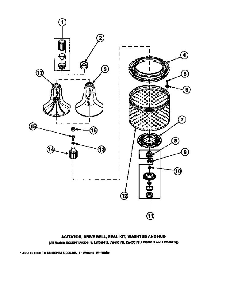 Agitator, Drive Bell, Seal Kit, Washtub And Hub Diagram and Parts List for CW8202W2-PCW8202W2A  Crosley Washer
