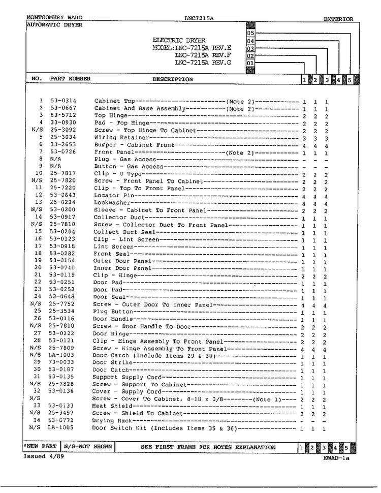 Automatic Dryer/exterior Page 2 Diagram and Parts List for 7215A REV E Norge Dryer