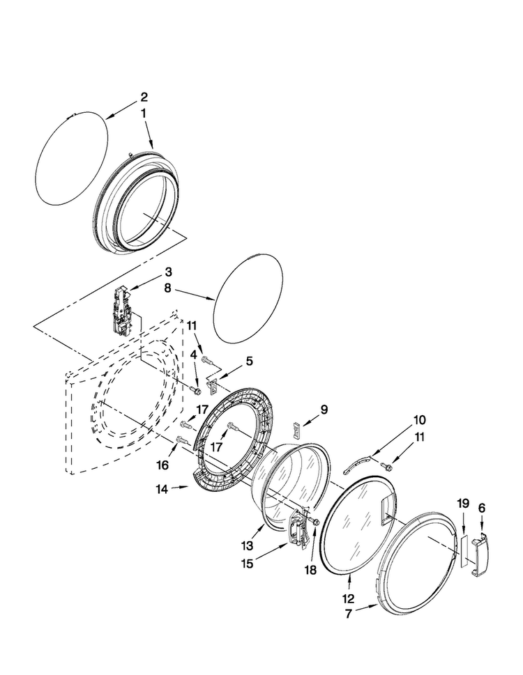 Door And Latch Parts Diagram and Parts List for MHN30PDBGW0  Maytag Washer