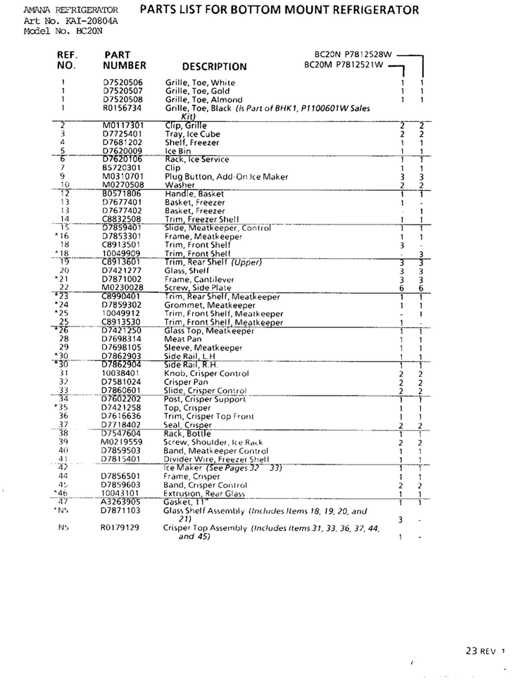 Parts List For Bottom Mount Refrigerator Page 6 Diagram and Parts List for 20804A  Amana Refrigerator