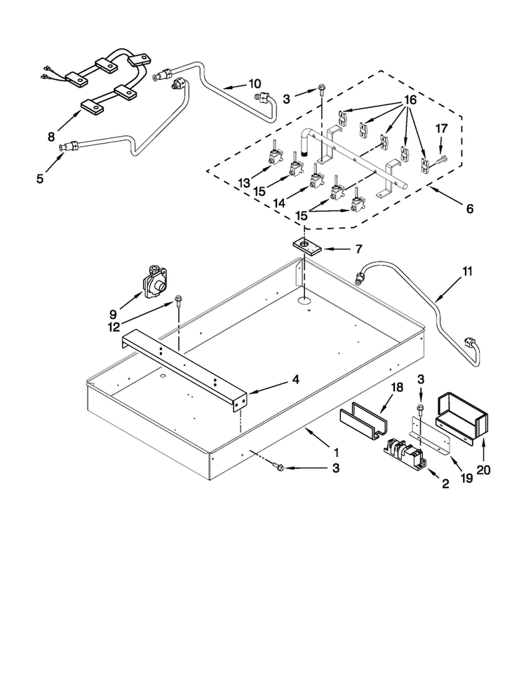 Burner Box, Gas Valves, And Switches Diagram and Parts List for MGC7636WW00  Maytag Cooktop