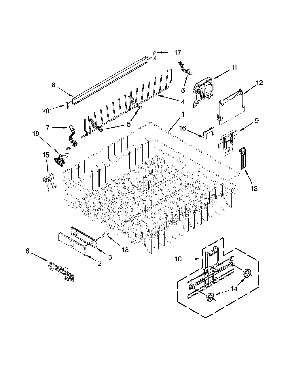 Upper Rack And Track Parts Diagram and Parts List for 66512769K314  Kenmore Dishwasher