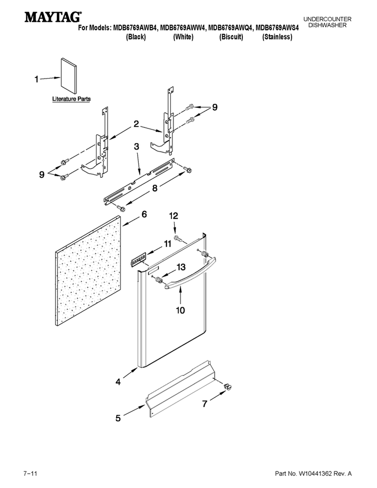 Door And Panel Parts Diagram and Parts List for MDB6769AWQ4  Maytag Dishwasher