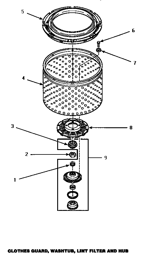 Clothes Guard, Washtub, Lint Filter & Hub Diagram and Parts List for CW8403W-P1163311WW  Crosley Washer