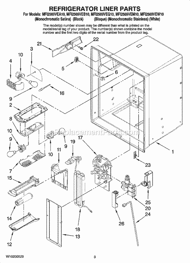Refrigerator Liner Parts Diagram and Parts List for MFI2569VEB10  Maytag Refrigerator