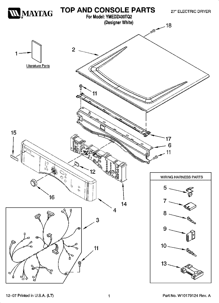 TOP AND CONSOLE PARTS Diagram and Parts List for YMEDZ400TQ2  Maytag Dryer