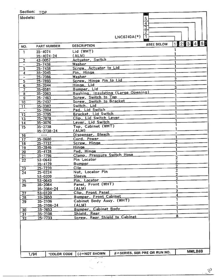 Top Page 2 Diagram and Parts List for 6740A  Norge Washer