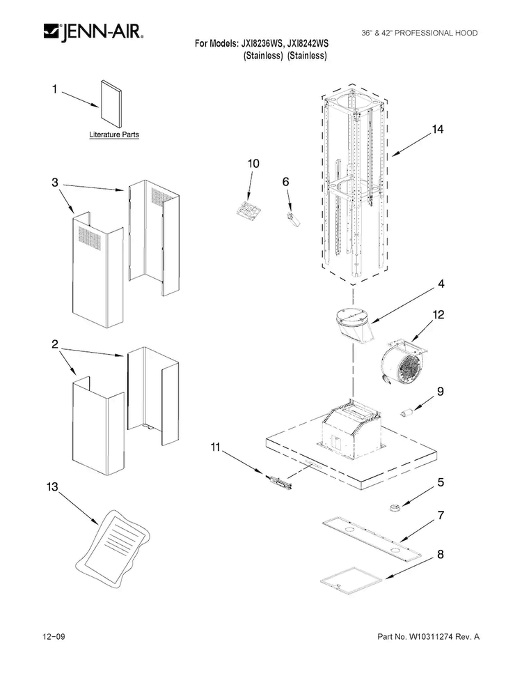 Hood Parts Diagram and Parts List for JXI8242WS  Jenn-Air Range Hood