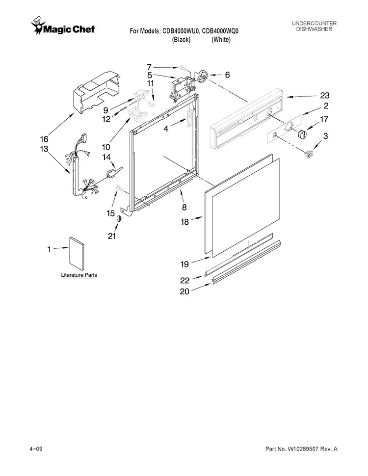 Frame And Console Parts Diagram and Parts List for CDB4000WQ0  Magic Chef Dishwasher