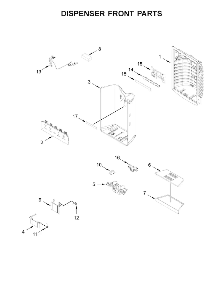 Dispenser Front Parts Diagram and Parts List for JFFCC72EFS00  Jenn-Air Refrigerator