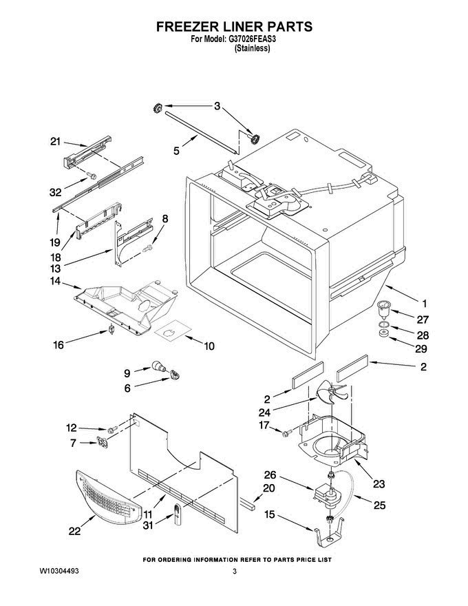 02 - Freezer Liner Parts Diagram and Parts List for G37026FEAS3  Maytag Refrigerator