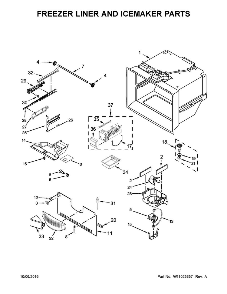 Freezer Liner And Icemaker Parts Diagram and Parts List for MFF2258FEZ01  Maytag Refrigerator