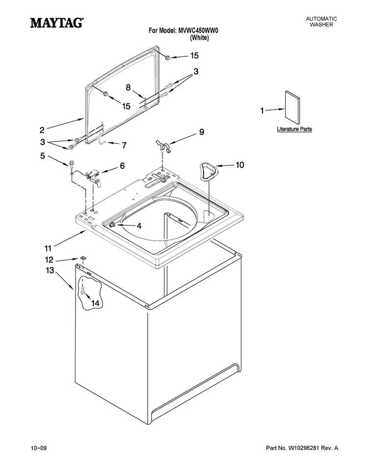 Top And Cabinet Parts Diagram and Parts List for MVWC450WW0  Maytag Washer