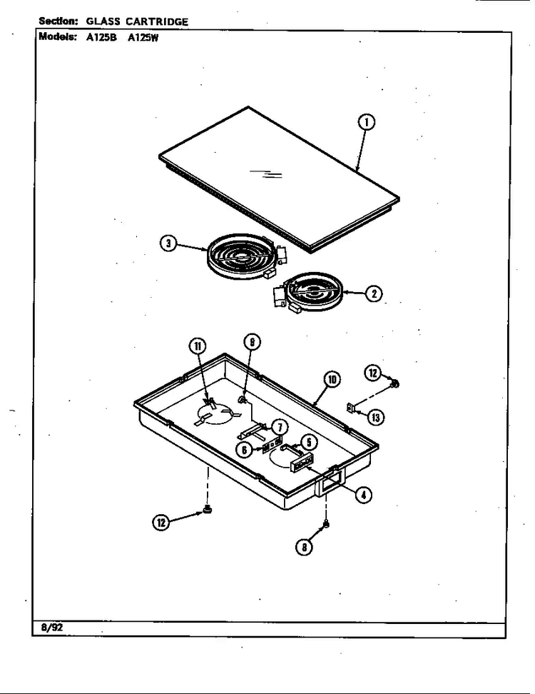 Glass Cartridge Diagram and Parts List for A125W  Jenn-Air Range