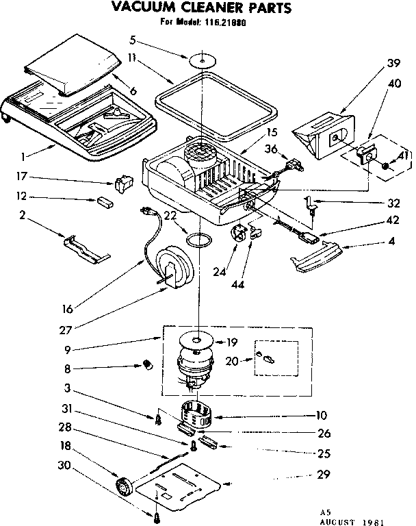 Base Assembly Diagram and Parts List for 11621880  Kenmore Canister Vacuum