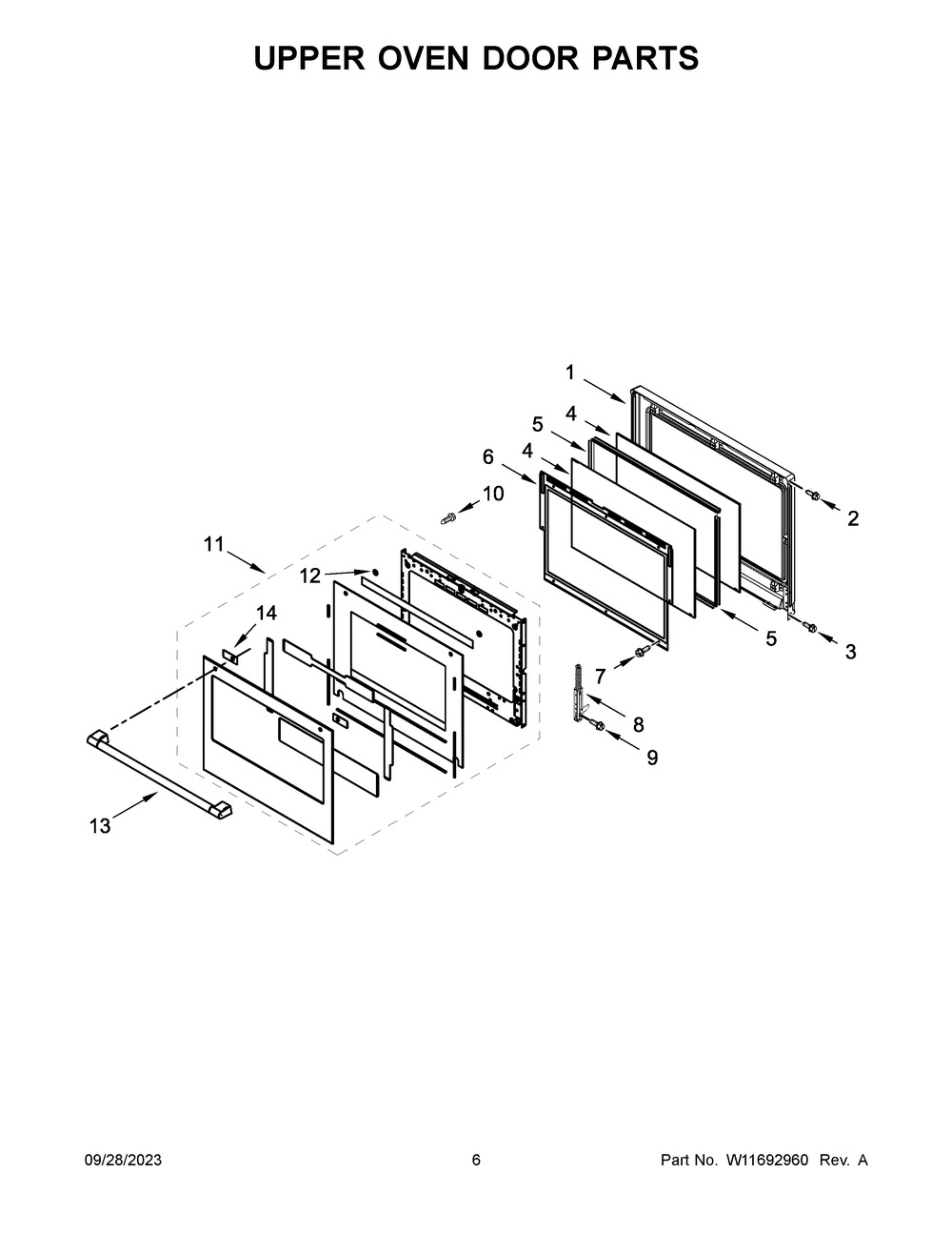 Upper Oven Door Parts Diagram and Parts List for MOED6030LZ01  Maytag Wall Oven