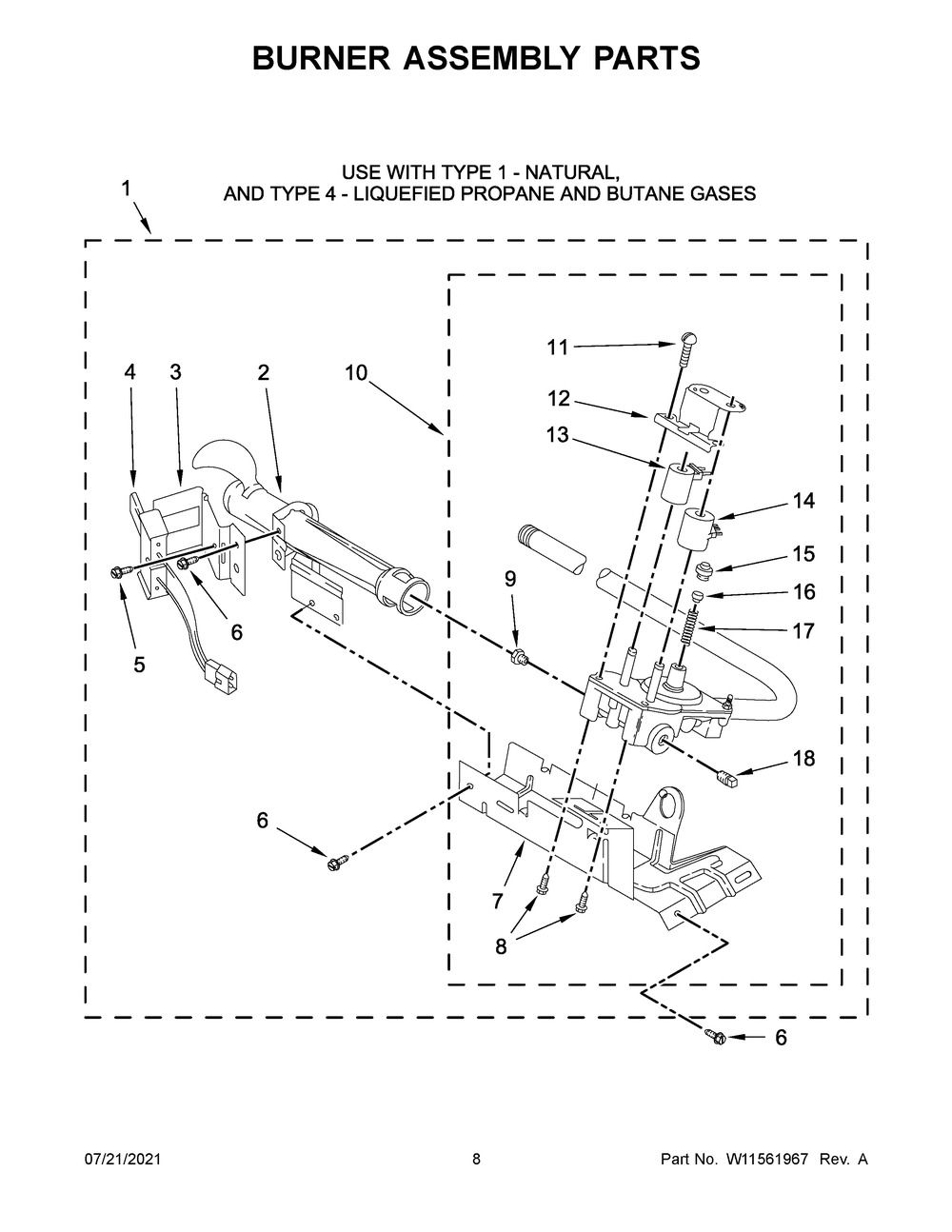 Burner Assembly Parts Diagram and Parts List for CGD7011LW0  Crosley Dryer