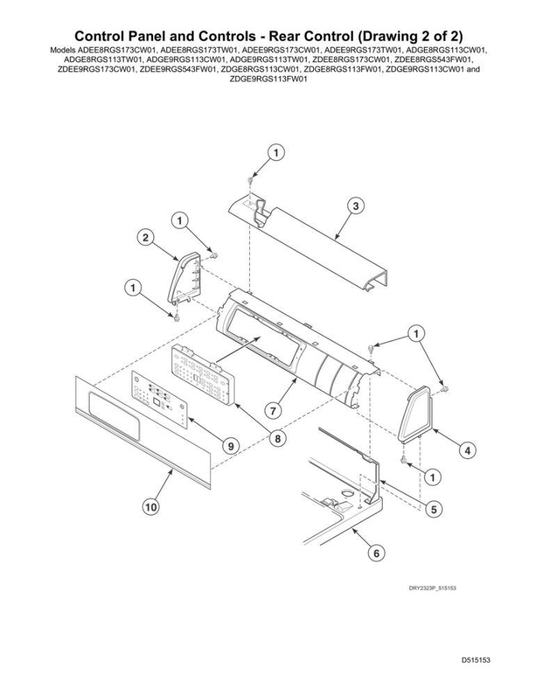 Control Panel/Rear Controls Diagram and Parts List for ADEE8RGS173TW01  Speed Queen Dryer