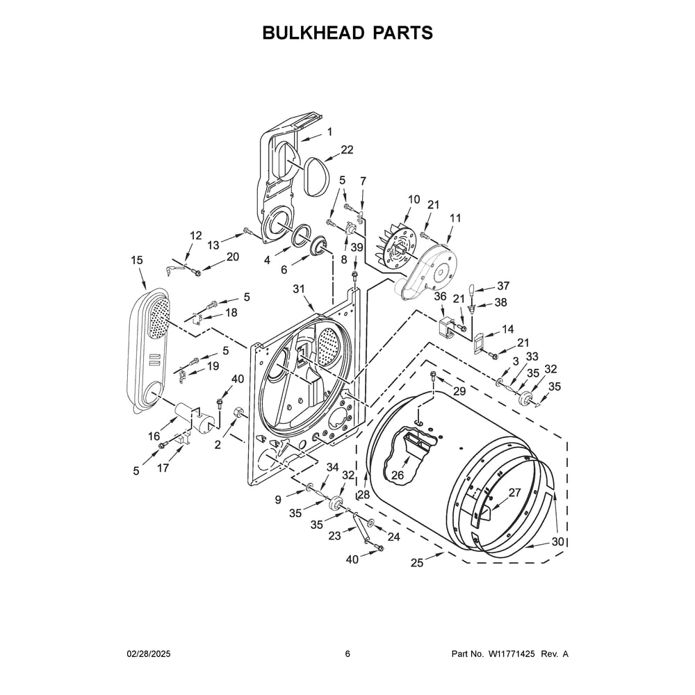 Bulkhead Parts Diagram and Parts List for MGD4005SW0  Maytag Dryer
