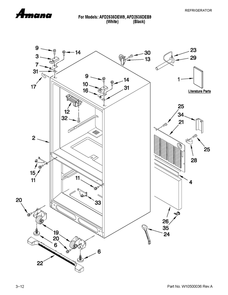 Cabinet Parts Diagram and Parts List for AFD2535DEW9  Amana Refrigerator