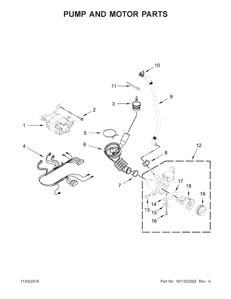 Pump And Motor Parts Diagram and Parts List for MHN33PRCWW1  Maytag Washer