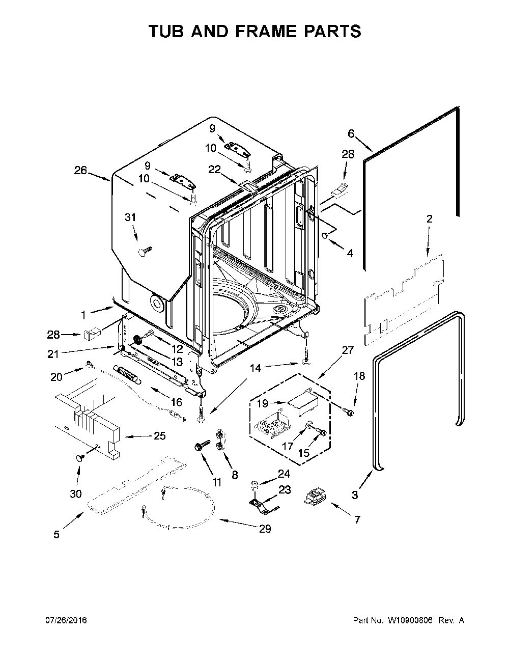 Tub And Frame Parts Diagram and Parts List for 66514819N611  Kenmore Dishwasher