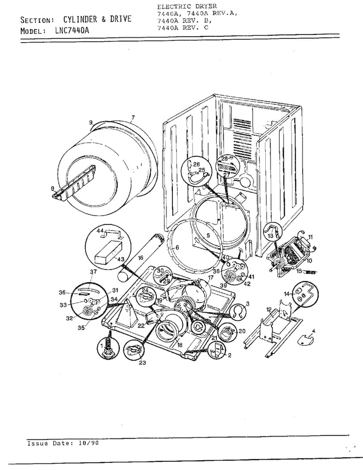 Cylinder And Drive Diagram and Parts List for 7440A REV B Norge Dryer