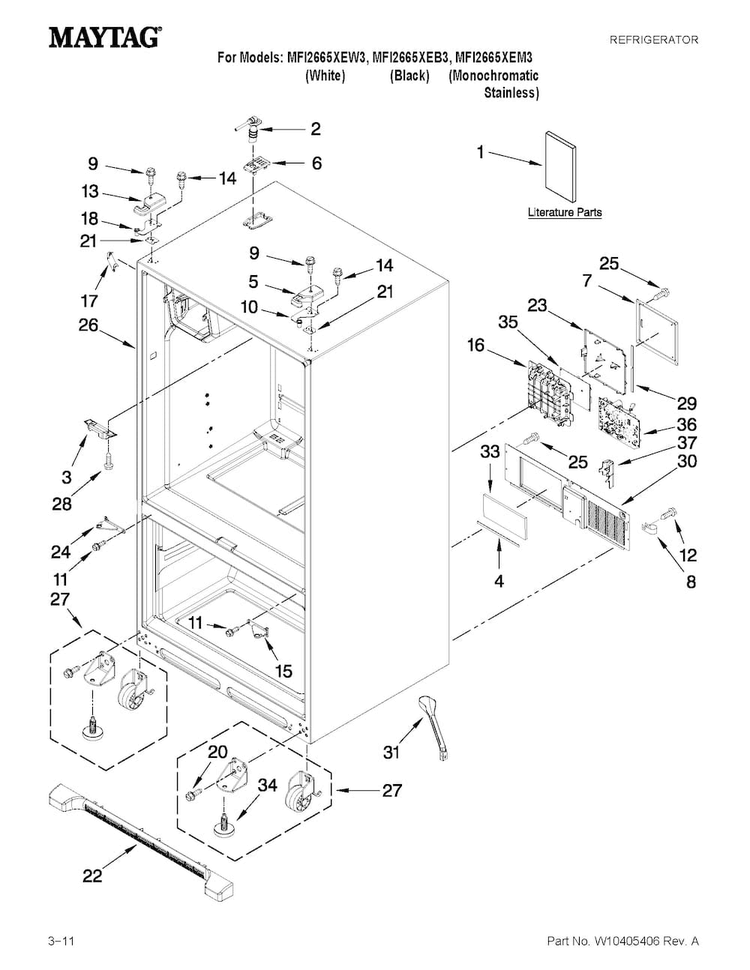 Cabinet Parts Diagram and Parts List for MFI2665XEM3  Maytag Refrigerator