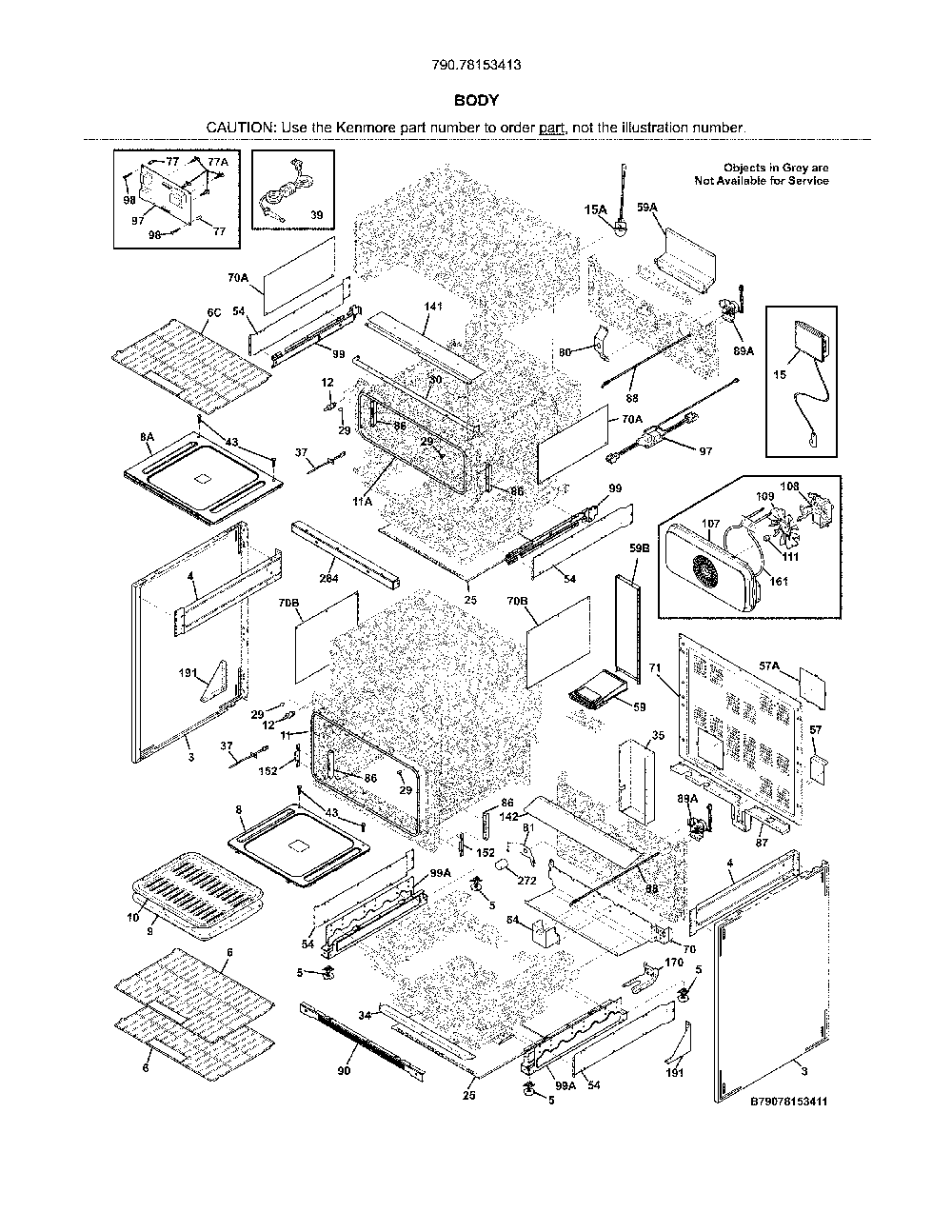 Body Diagram and Parts List for 79078153413  Kenmore Range