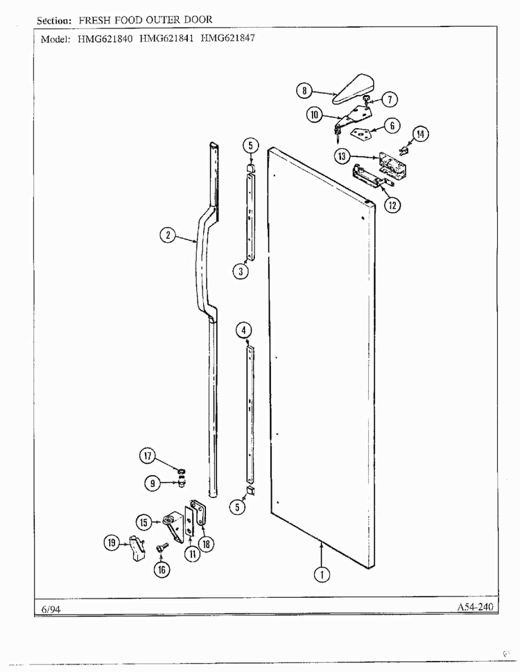 Fresh Food Outer Door Diagram and Parts List for 621841  Admiral Refrigerator