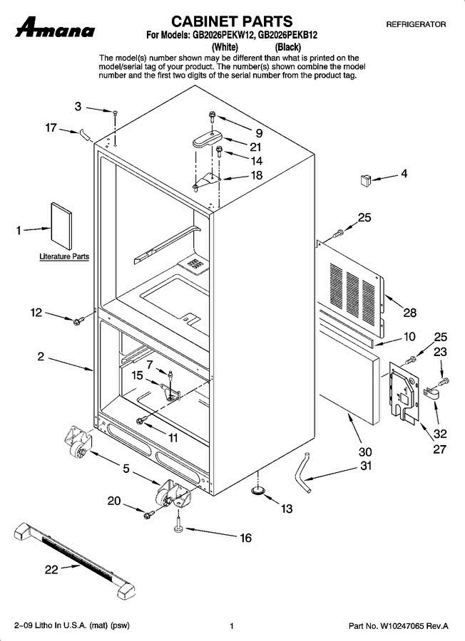 01 - Cabinet Parts Diagram and Parts List for GB2026PEKB12  Amana Refrigerator