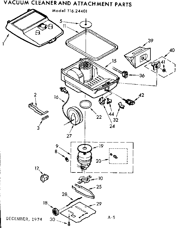 Base Assembly Diagram and Parts List for 11624401  Kenmore Canister Vacuum