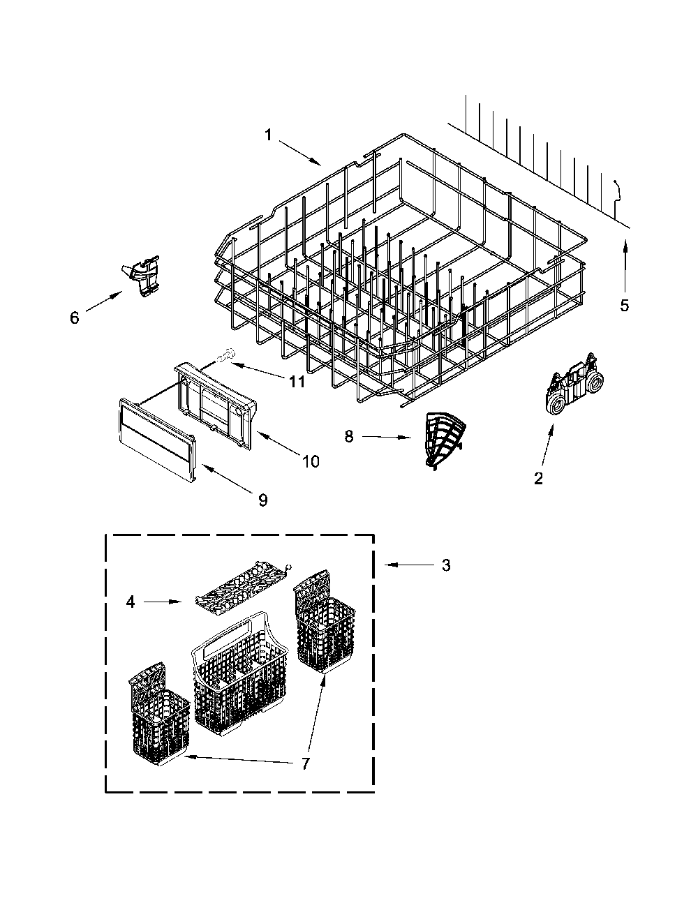 Lower Rack Parts Diagram and Parts List for 66514815N610  Kenmore Dishwasher