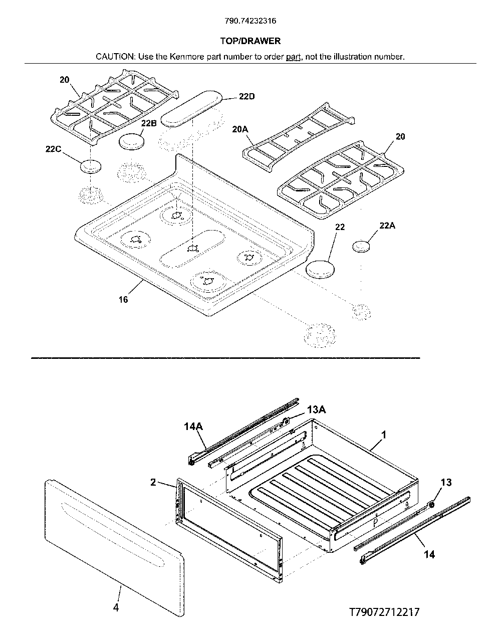 Top/Drawer Diagram and Parts List for 79074232316  Kenmore Range