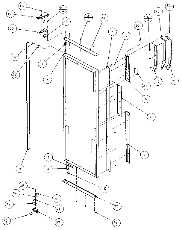 Refrigerator Door, Hinge, And Trim Diagram and Parts List for 36271-P1121802W  Amana Refrigerator