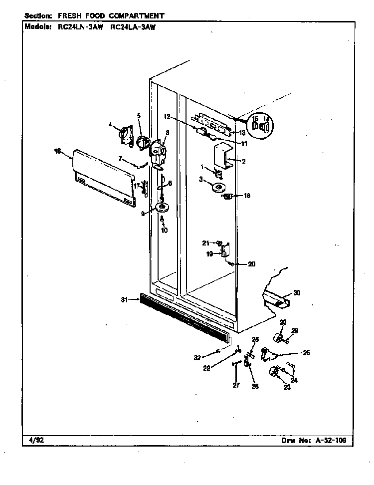 Fresh Food Compartment Diagram and Parts List for RC24LA-3AW BS81D Magic Chef Refrigerator