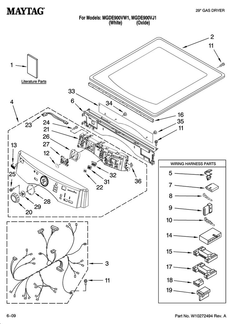Top And Console Parts Diagram and Parts List for MGDE900VJ1  Maytag Dryer