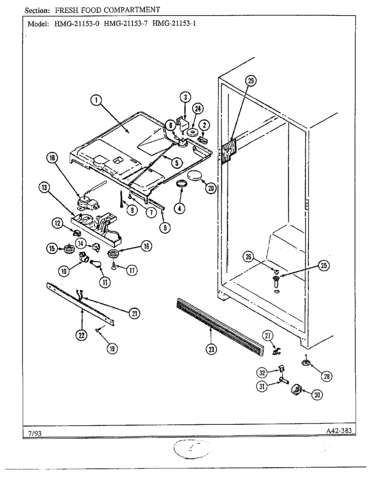 Fresh Food Compartment Diagram and Parts List for 21153-0B  Admiral Refrigerator
