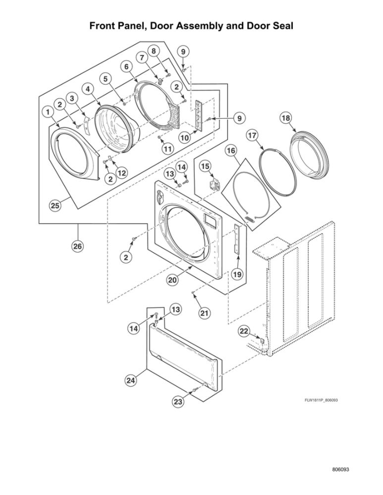 Front Panel/Door Assembly/Door Seal Diagram and Parts List for ATGE9ASP115TW01  Speed Queen Washer Dryer Combo