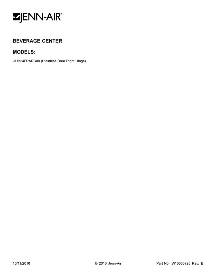 Cover Sheet Diagram and Parts List for JUB24FRARS00  Jenn-Air Wine and Beverage Cooler