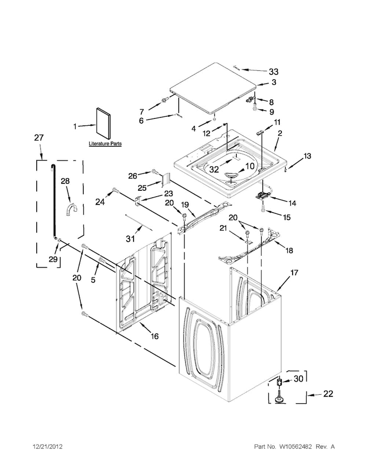 Top And Cabinet Parts Diagram and Parts List for CAW9444BW0  Crosley Washer