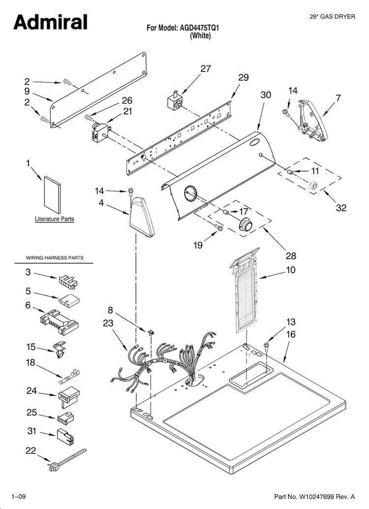 Top And Console Parts Diagram and Parts List for AGD4475TQ1  Admiral Dryer